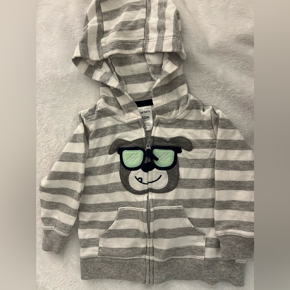 Carter’s long sleeve hoodie, gray, and white stripes dog with glasses 12 m